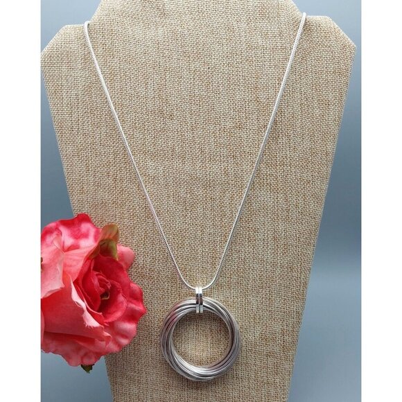 Silver Tone Charter Club Circular Statement Pendant Necklace Long Snake Chain 30 - Picture 4 of 10